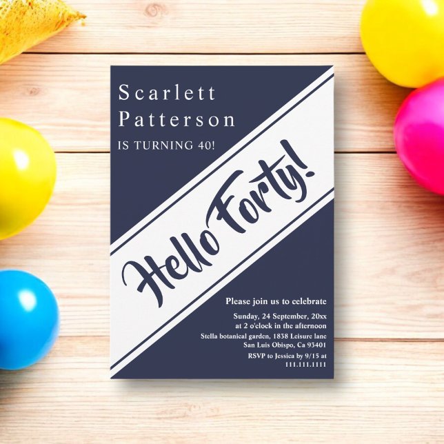 Elegant Chic, marinblå, modern, 40:e födelsedag Inbjudningar (Skapare uppladdad)
