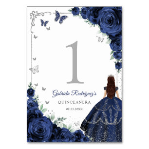 Elegant Chic Marinblå Rosor Silver Quinceanera Bordsnummer