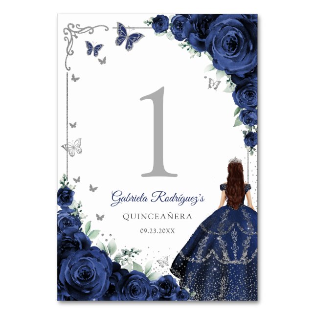 Elegant Chic Marinblå Rosor Silver Quinceanera Bordsnummer (Framsidan)