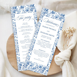 Elegant Chic Marinblå Toile de Jouy Rosor Bröllop Program