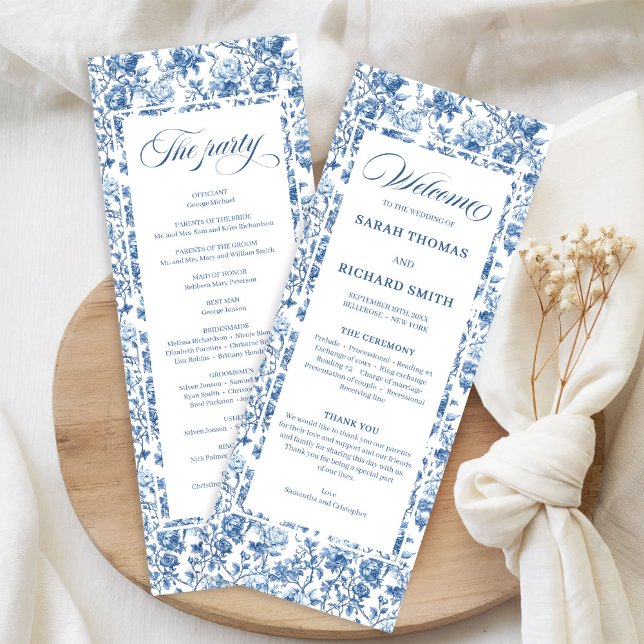 Elegant Chic Marinblå Toile de Jouy Rosor Bröllop Program (Elegant Chic Navy Blue Toile de Jouy Roses Wedding Program)
