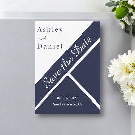 Elegant Chic, marinblåvitlass Modern Bröllop Spara Datumet