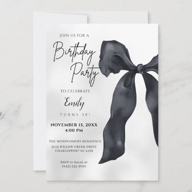 Elegant Chic Modern Black Bow Birthday Invitation Inbjudningar (Framsida)