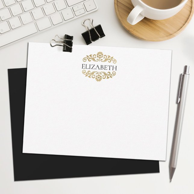 Elegant Chic Modern Monogram Black Gold  Anteckningskort (An elegant gold and black monogram stationery notecard. Personalize it with your name.)