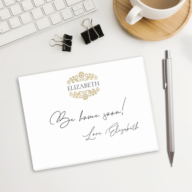 Elegant Chic Modern Monogram Svart Guld  Post-it Block (Elegant black and gold monogram Post it notes. Personalize them with your name.)