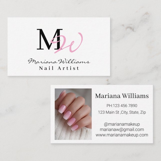 elegant chic monogram initialer nagelkonst foto visitkort (Fram/baksida)