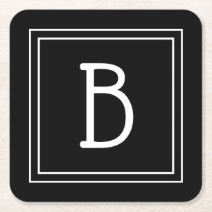 Elegant Chic Monogram Svart & Vit Initial Underlägg Papper Kvadrat