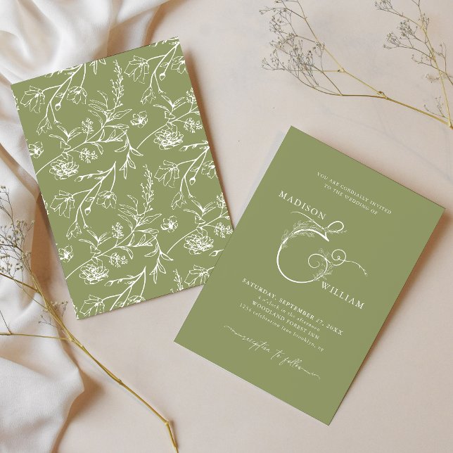 Elegant Chic Moss Grönt Blommigt Ampersand Bröllop Inbjudningar (Skapare uppladdad)