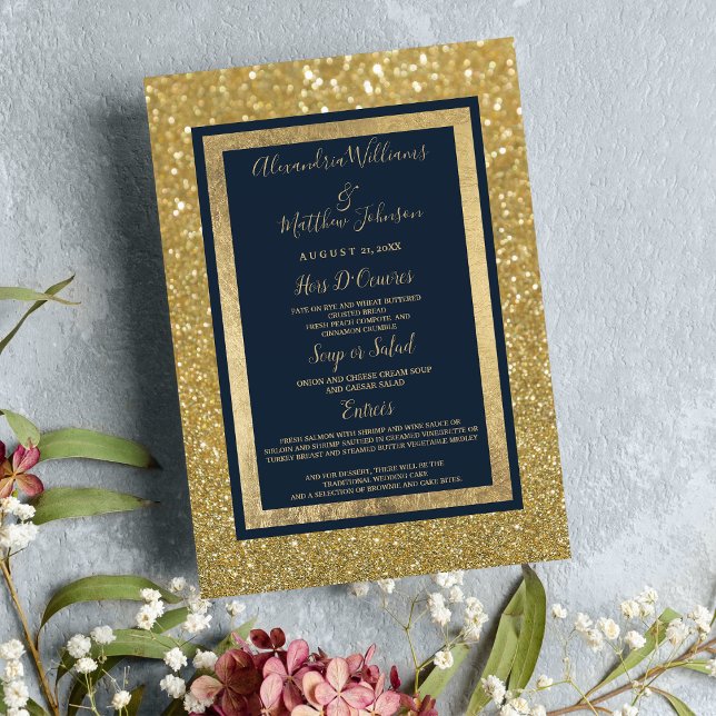 Elegant Chic Navy Blue Guld Glitter Bröllop Menu Meny (Elegant Chic Navy Blue Gold Glitter Wedding Menu)