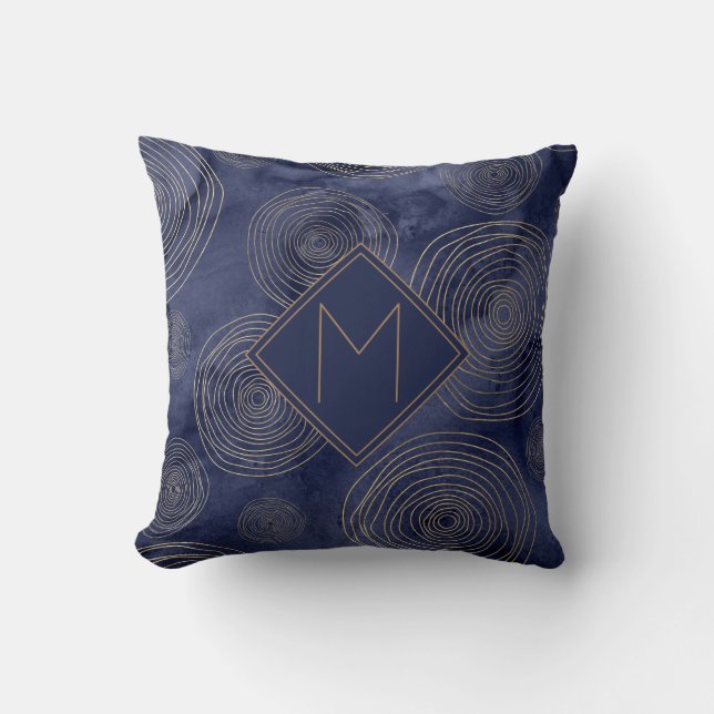 Elegant Chic Navy Blue Guld Watercolor Monogram Kudde (Framsida)