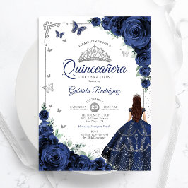 Elegant Chic Navy Blue Silver Blommigt Quinceanera Inbjudningar