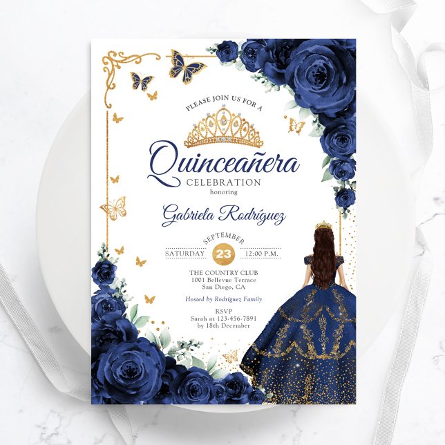 Elegant Chic Navy Ro Blommigt Guld Quinceanera Inbjudningar (Skapare uppladdad)