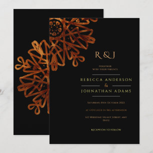 Elegant Chic Ornamental Black och Guld Bröllop Inbjudningar