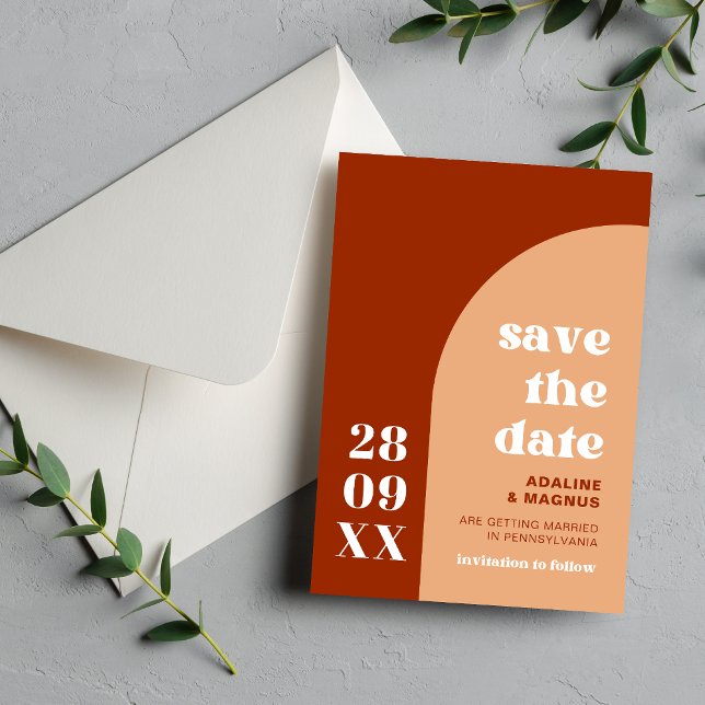 Elegant Chic Persika Terrakotta Valv Boho Bröllop Spara Datumet (Elegant chic peach terracotta arch save the date shares your wedding news with warm boho charm.)