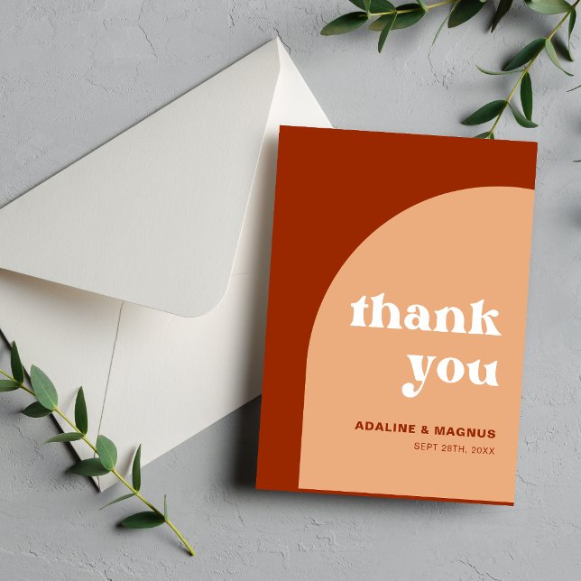 Elegant Chic Persika Terrakotta Valv Boho Bröllop Tack Kort (Elegant chic peach terracotta arch thank you card shares heartfelt gratitude with warm boho charm.)