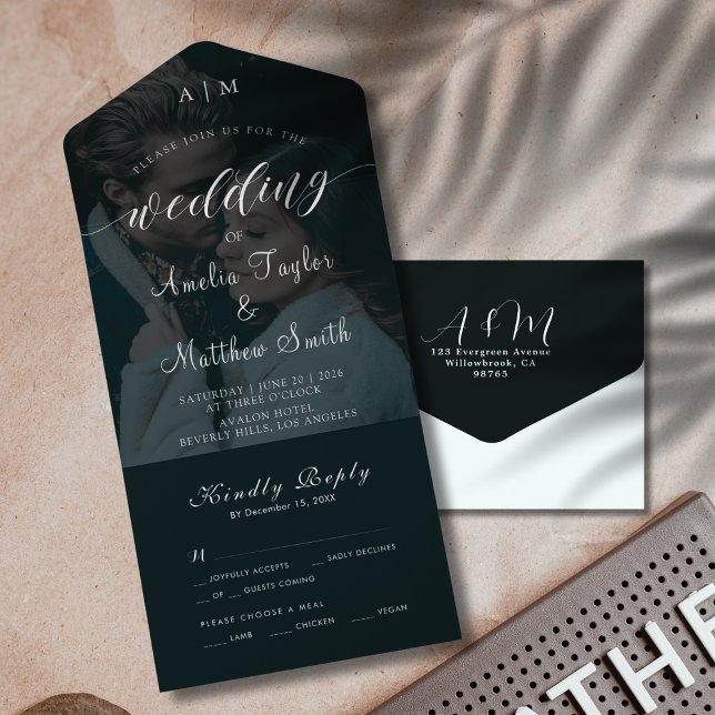 Elegant Chic Photo Black and White OSA Bröllop (Elegant Chic Photo Black and White RSVP Wedding All In One Invitation)