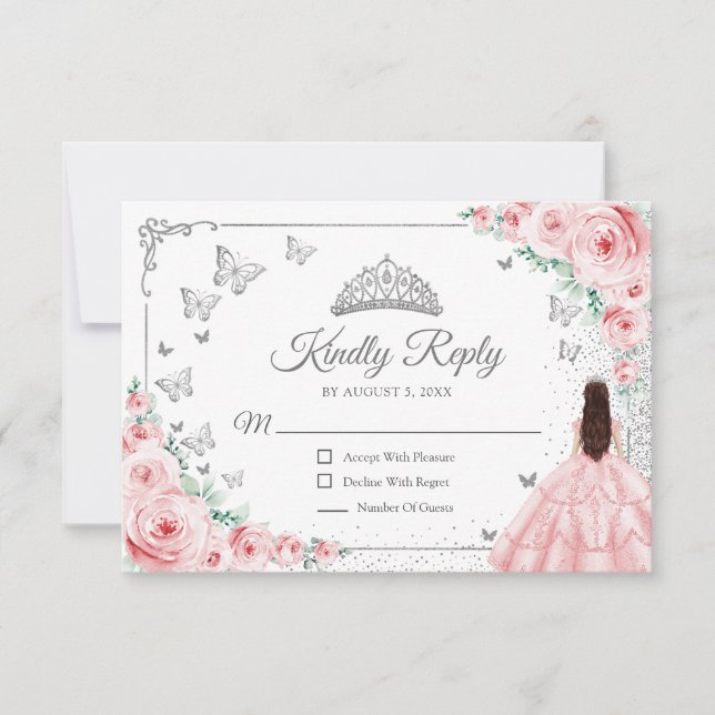 Elegant Chic Pink Silver Quinceanera Reply OSA Kort (Framsida)
