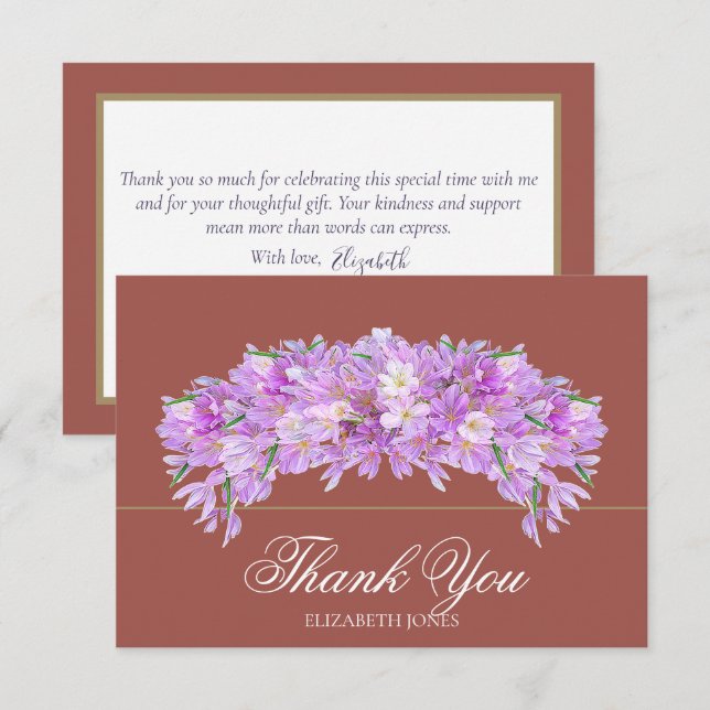 Elegant Chic Purple Crocus Bridal Shower Thank You Tack Kort (Fram/baksida)