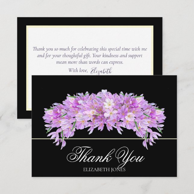 Elegant Chic Purple Crocus Bridal Shower Thank You Tack Kort (Fram/baksida)