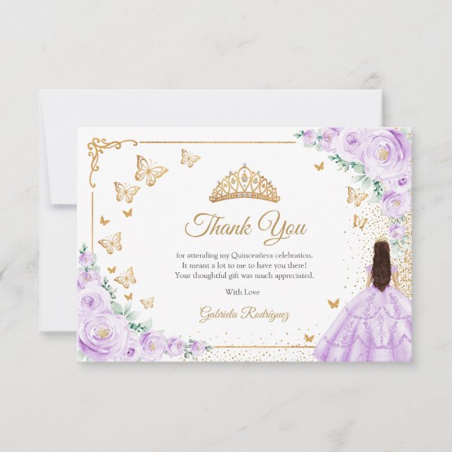 Elegant Chic Purple Lilac Roses Gold Quinceanera Tack Kort (Framsida)