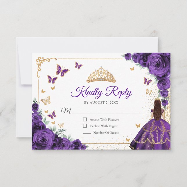 Elegant Chic Purple Roses Gold Quinceanera Reply OSA Kort (Framsida)