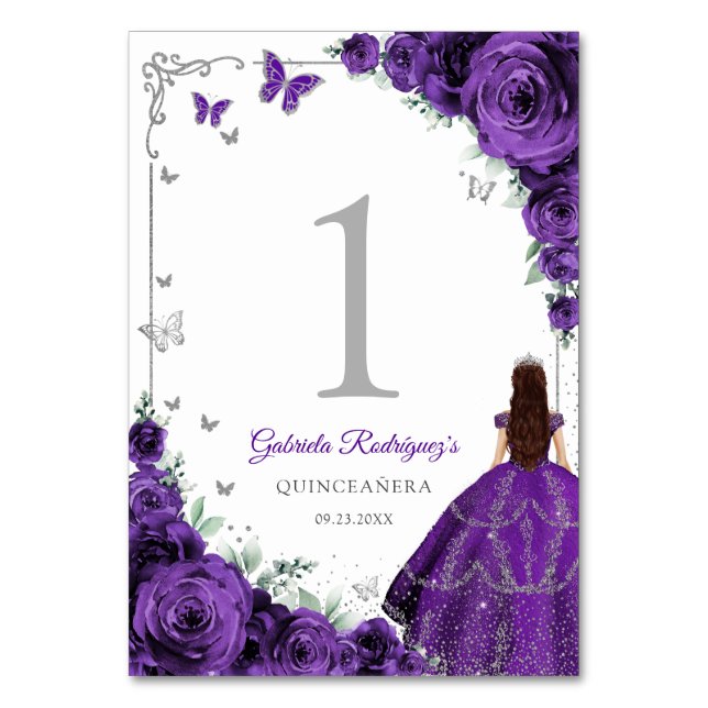Elegant Chic Purple Roses Silver Quinceanera Bordsnummer (Framsidan)