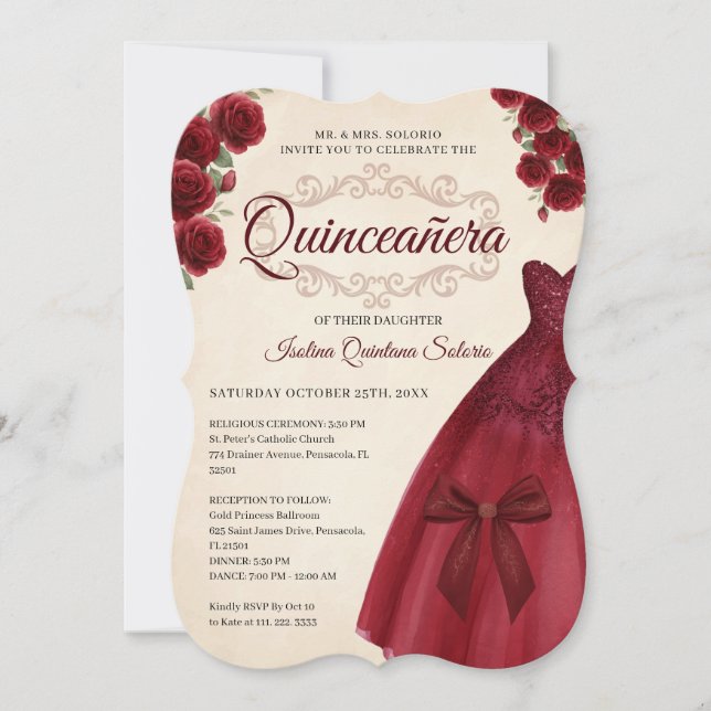 Elegant Chic Quinceanera 15th Birthday Burgundy  Inbjudningar (Framsida)