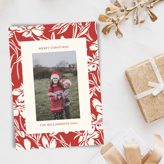 Elegant Chic Red Blommigt Botaniskt julfoto Julkort (Skapare uppladdad)