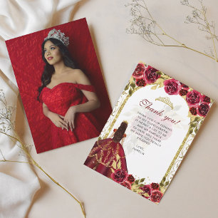 Elegant Chic Red Blommigt Photo Quinceañera Tack Kort