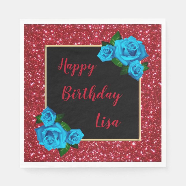 Elegant Chic Red Glitter Blue Ro Birthday Pappersservett (Framsidan)