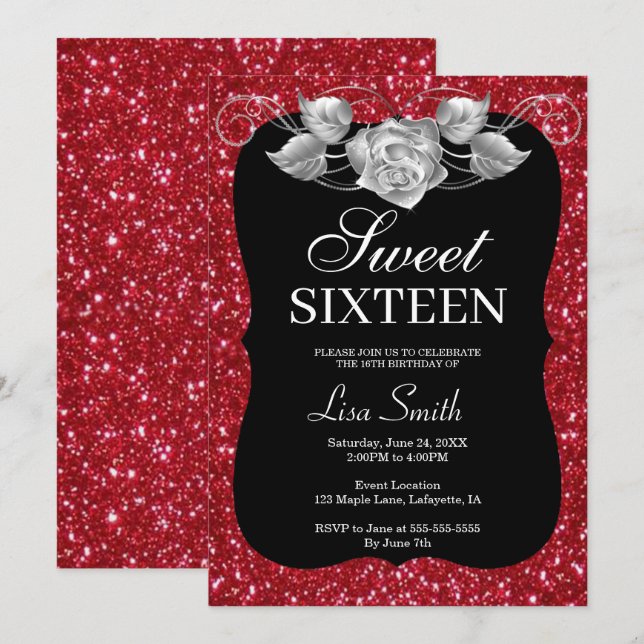 Elegant Chic Red Glitter Silver Ro Sweet 16 Inbjudningar (Fram/baksida)