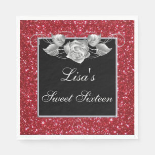 Elegant Chic Red Glitter Silver Ro Sweet 16 Pappersservett