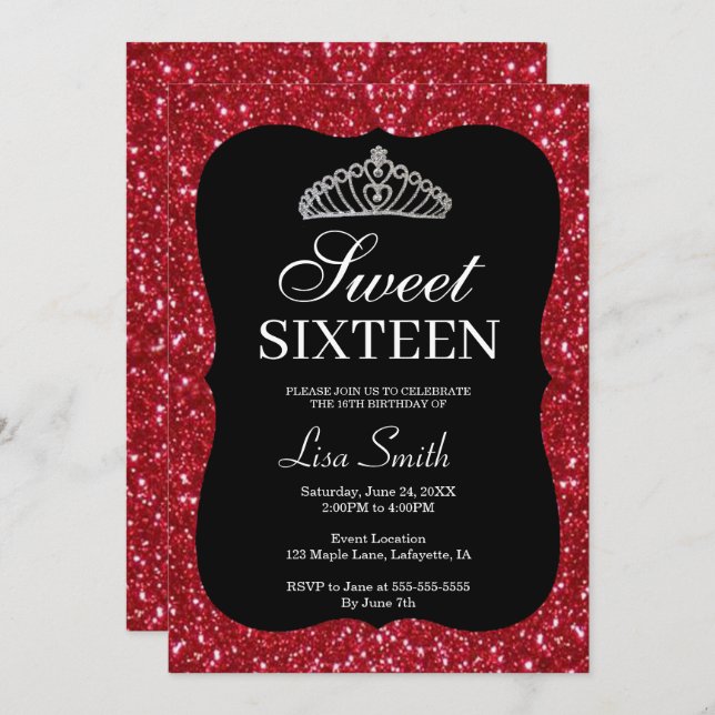 Elegant Chic Red Glitter Tiara Sweet 16 Inbjudningar (Fram/baksida)