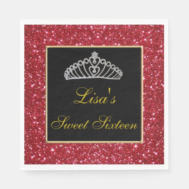 Elegant Chic Red Glitter Tiara Sweet 16 Pappersservett (Framsidan)