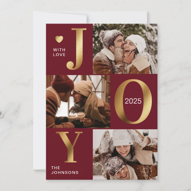 Elegant Chic Red Guld Photo Collage Joy Jul Julkort (Framsida)