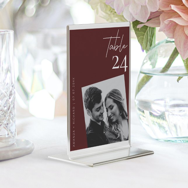 Elegant Chic Red Plum Burgundy Bröllop Photo Bordsnummer (Red Plum Burgundy Wedding Modern Romance Photo Table Number)