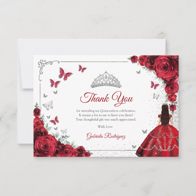 Elegant Chic Red Roses Silver Quinceanera Tack Kort (Framsida)