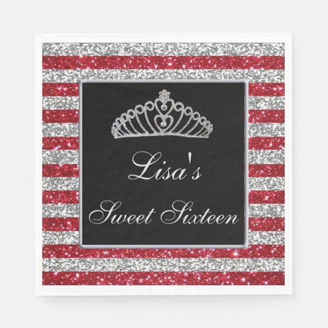 Elegant Chic Red Silver Glitter Tiara Sweet 16 Pappersservett (Framsidan)