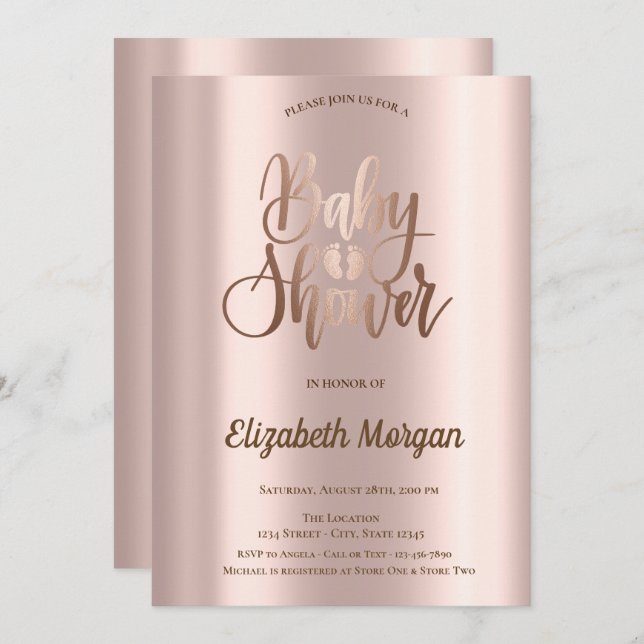 Elegant Chic Ro Guld Baby Shower Inbjudningar (Fram/baksida)