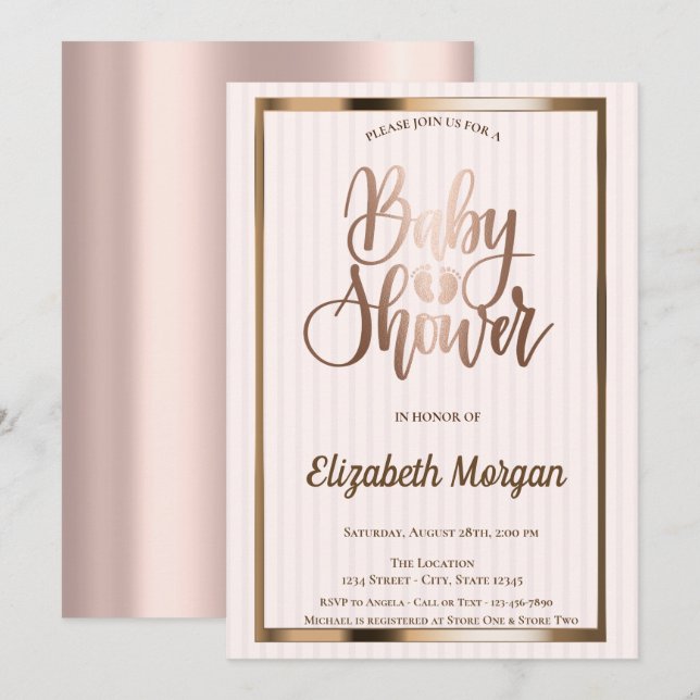 Elegant Chic Ro Guld stripe Baby Shower Inbjudningar (Fram/baksida)
