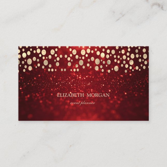 Elegant Chic Röd Glitter Bokeh Guld Konfetti Visitkort (Framsida)