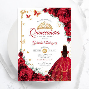 Elegant Chic Röd ros Guld Quinceanera Inbjudningar