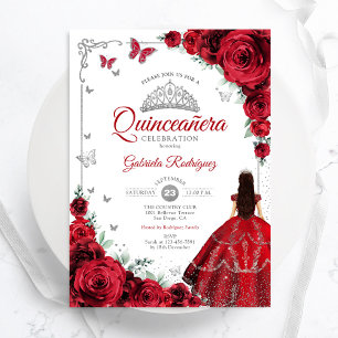 Elegant Chic Röd ros Silver Quinceanera Inbjudningar
