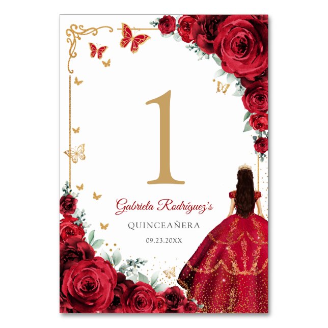 Elegant Chic Röda Rosor Guld Quinceanera Bordsnummer (Framsidan)
