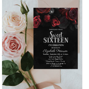 Elegant Chic Röda Rosor Svarta Sweet 16 Inbjudningar