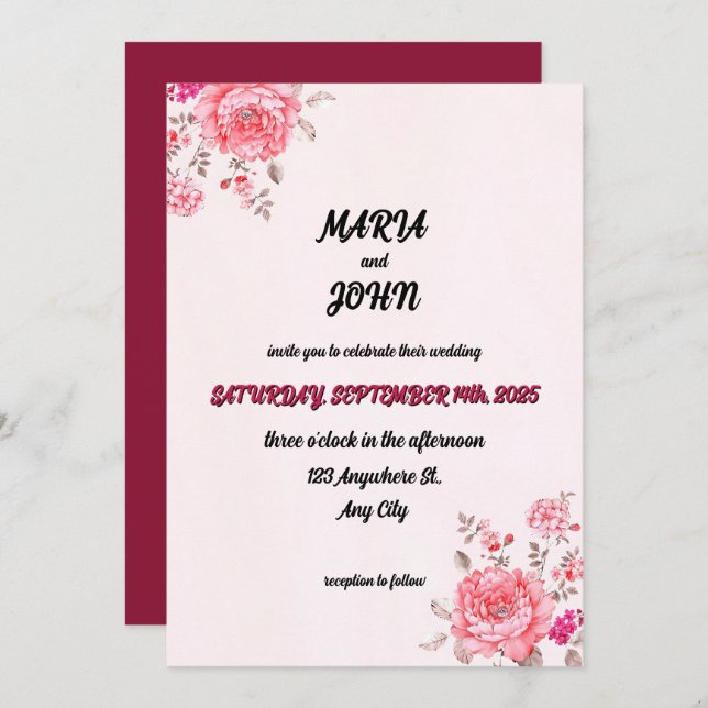 Elegant Chic Romantic Minimalist Classic Burgundy Inbjudningar (Fram/baksida)