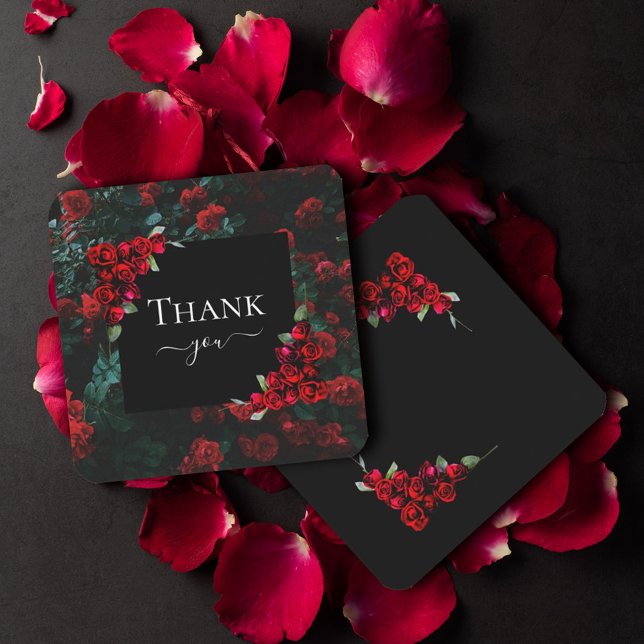 Elegant Chic Romantic Tack Röd ros Blommigt Anteckningskort (#zazzlemade #roses #love #thankyoucard #valentine #script #calligrahpic #blackandred #redroses)