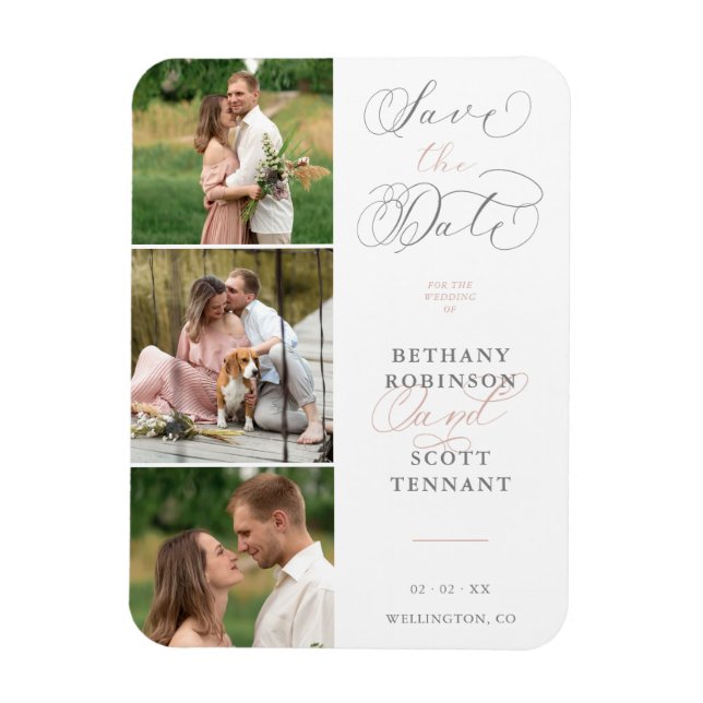 Elegant Chic Rosa 3 Foton sofistikerade Bröllop Magnet (Vertikal)