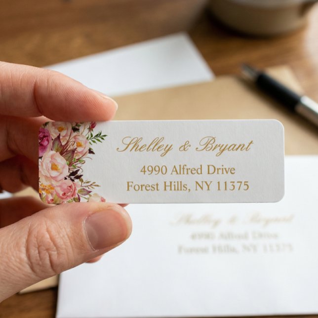 Elegant Chic Rosa Blommig Guld Bröllop Returadress Etikett (Skapare uppladdad)
