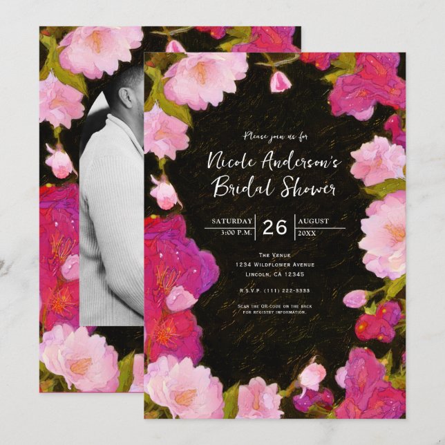 Elegant Chic Rosa Blommig Vår Blommor Inbjudan (Fram/baksida)